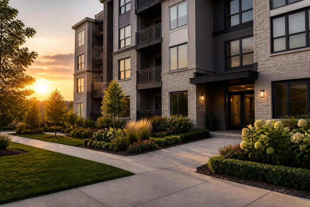 Well-kept apartment exterior with tidy landscaping in warm light