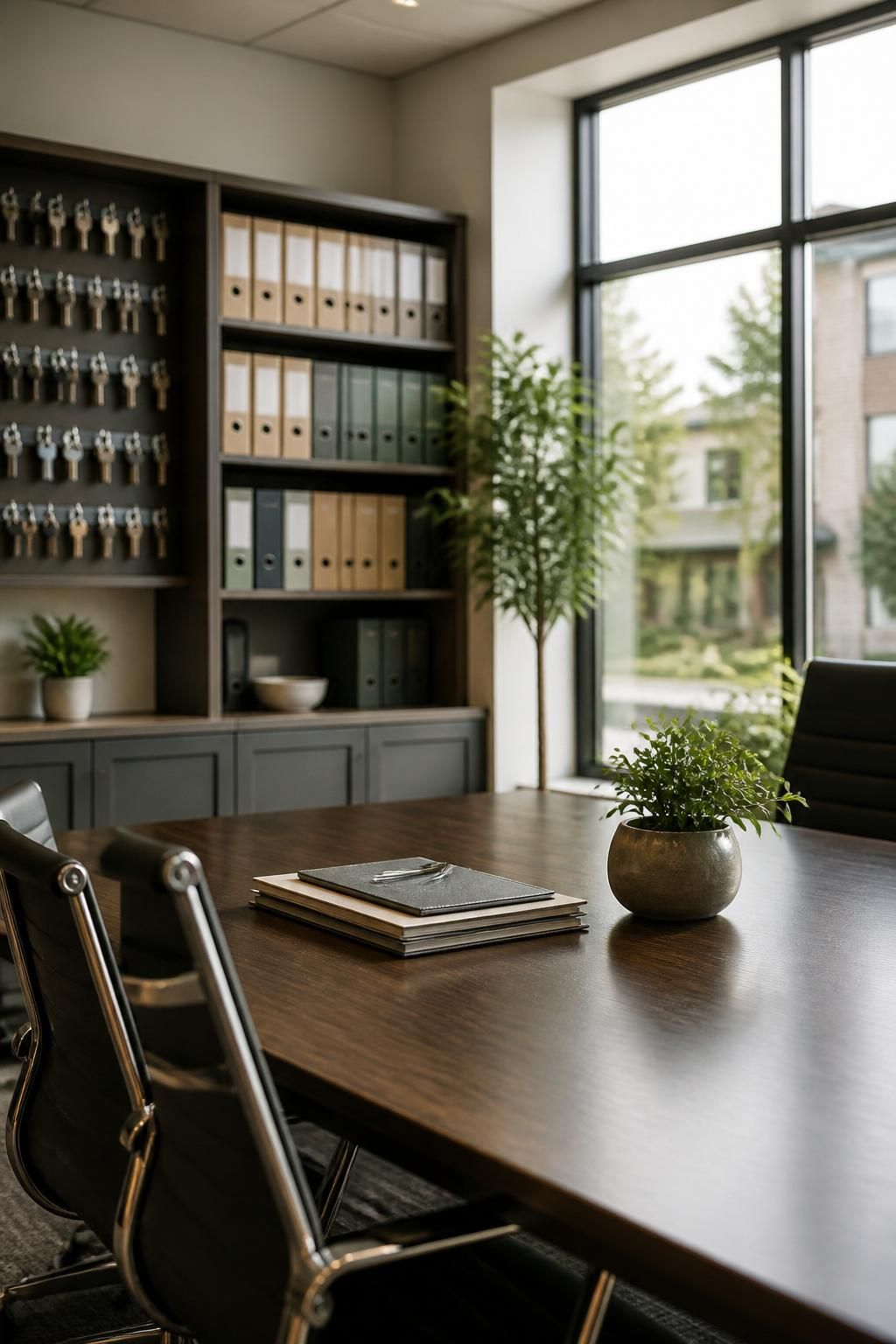 Modern property management office with organized meeting space