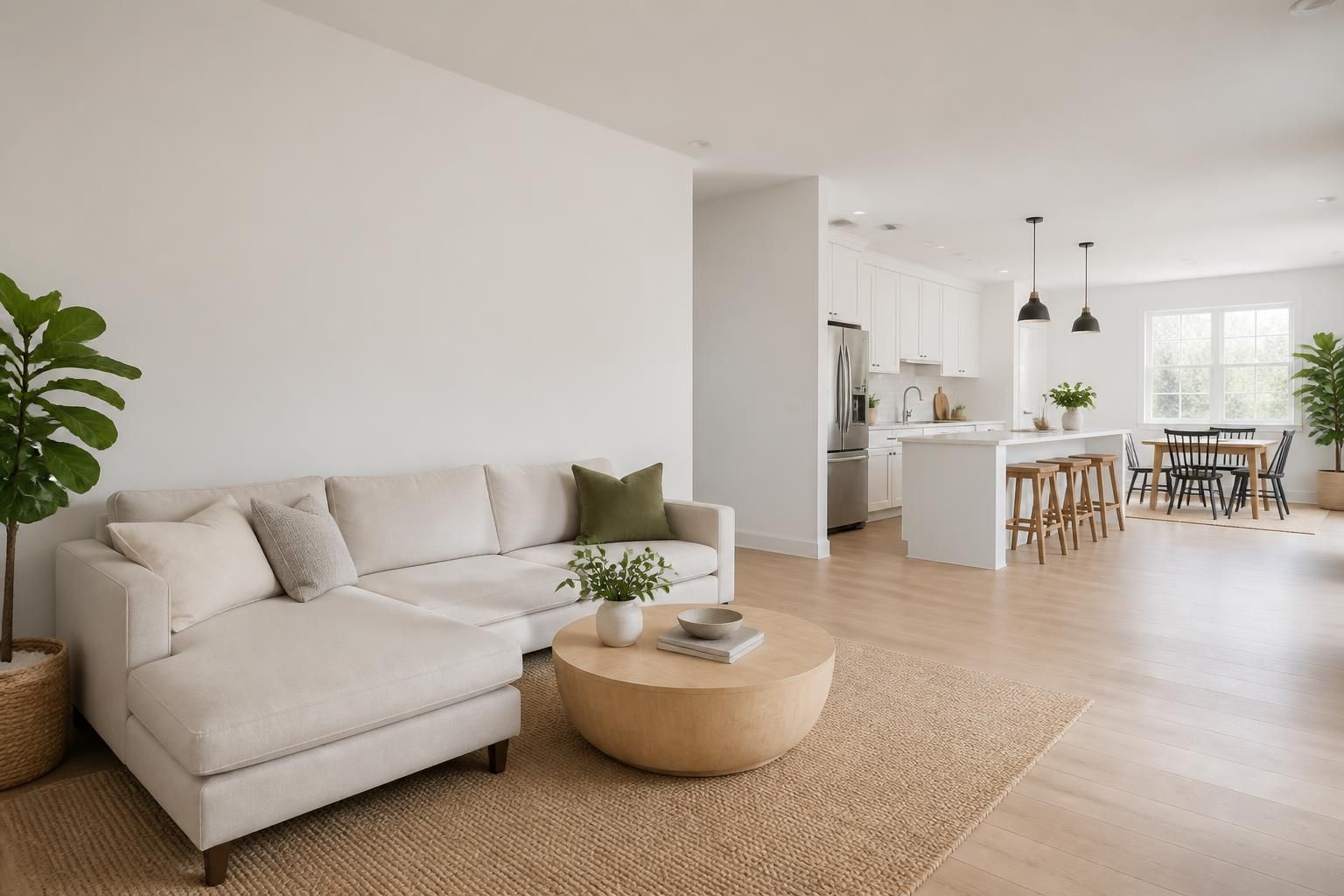 Bright rental home interior with open space for text